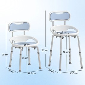 HOMCOM Scaun de Duș cu Spătar și Șezut Perforat, 8 Niveluri Reglabil, Antiderapant, 49,5 x 54 x 92 cm, Albastru | Aosom Romania