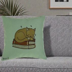 Perna Decorativa Pisica Adormita pe Carti, 40x40 cm, Verde, Husa Detasabila, Perna Inclusa, BEKZ®