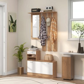 HOMCOM Set Mobilier Modern cu Etajeră pentru Pantofi, Oglindă cu 6 Cârlige, 2 Rafturi și Sertare, 90x24x177 cm, Lemn Natural | Aosom Romania