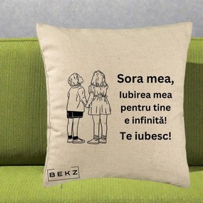 Cadou pentru Sora - Perna Personalizata Sora Mea Te Iubesc Copii Tinand Maini Line Art, 40x40 cm, Bej, Husa Detasabila, Perna Inclusa, BEKZ®