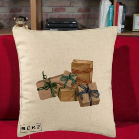 Perna Decorativa Cadouri de Craciun Kraft, 40x40 cm, Bej, Husa Detasabila, Perna Inclusa, BEKZ®