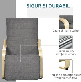 HOMCOM Fotoliu Relax cu Suport picioare pe 5 Niveluri si Tetiera, Fotoliu Ergonomic din Lemn de Mesteacan si Tesut, Gri