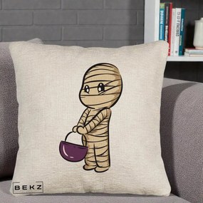 Perna Decorativa Halloween Mummy Kawaii cu Cos, 40x40 cm, Bej Canapea, Husa Detasabila, Perna Inclusa, BEKZ®