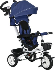 HOMCOM Tricicletă pentru Copii cu Mâner Multifuncțional, Cărucior pentru Copii cu Centură de Siguranță și Coș, 112x50x104 cm, Albastru | Aosom Romania