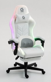 Scaun gaming, Masaj cu Role in perna lombara, Boxe bluetooth, sistem iluminare bandă LED RGB, suport picioare, Alb