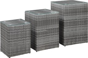 vidaXL Mese laterale cu blat de sticlă, 3 buc., gri, poliratan