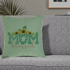 Cadou pentru Mama - Perna Personalizata Mom Blessed cu Floarea Soarelui Animal Print Teal, 40x40 cm, Verde, Husa Detasabila, Perna Inclusa, BEKZ®