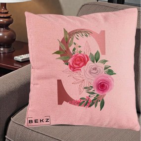 Cadou Personalizat - Perna Personalizata Monograma Rose Gold Litera S, 40x40 cm, Roz, Husa Detasabila, Perna Inclusa, BEKZ®