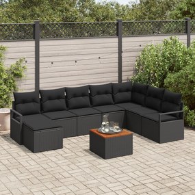 vidaXL Set de canapea pentru grădină cu 9 piese și perne, din ratan artificial negru, cu lemn de acacia.