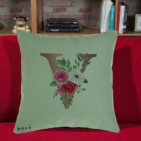 Cadou Personalizat - Perna Personalizata Monograma Rose Gold Litera V, 40x40 cm, Verde, Husa Detasabila, Perna Inclusa, BEKZ®