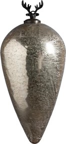 Glob decorativ din sticlă și metal, argintiu, formă de picătură, cap de cerb cu coarne ramificate în vârf, finisaj patinat, 35 x 16 cm, „Cerf”