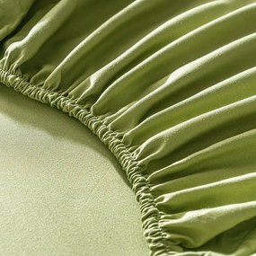 Lenjerie de pat Dublu, Colecția Sensitive Touch, Model cu frunze (Broderie ciucuri), 4 Piese din Bumbac satinat (Periat), Cearșaf cu Elastic, Culoare Verde