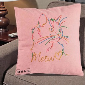 Perna Personalizata Pisica Meow Arta Linie Colorata, 40x40 cm, Roz, Husa Detasabila, Perna Inclusa, BEKZ®