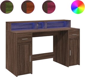 vidaXL Birou cu lumini LED, stejar maro, 140x55x91 cm, lemn prelucrat