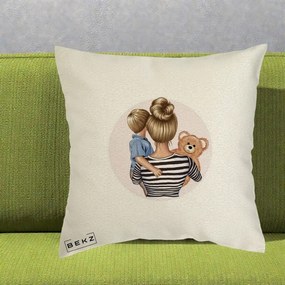 Cadou pentru Mama - Perna Personalizata Mama si Baietelul cu Ursulet, 40x40 cm, Ecru, Husa Detasabila, Perna Inclusa, BEKZ®