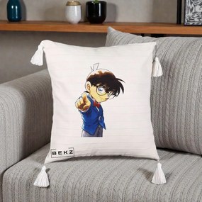 Perna Personalizata Detective Conan Conan Arata, 40x40 cm, Bej cu Franjuri, Husa Detasabila, Perna Inclusa, BEKZ®