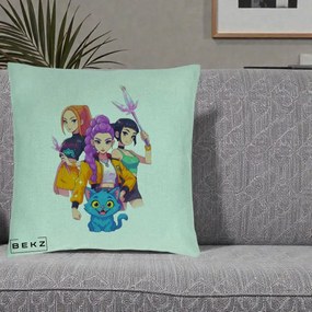 Perna Personalizata K-pop HUNTRX Trio cu Pisica si Cristale, 40x40 cm, Verde Menta, Husa Detasabila, Perna Inclusa, BEKZ®