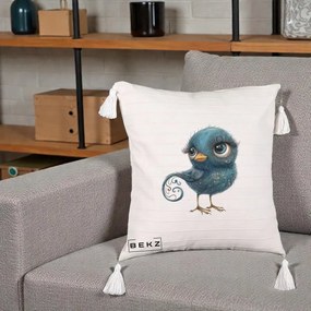 Perna Decorativa Pasare Teal cu Motive Aurii si Coada Spiralata, 40x40 cm, Bej cu Franjuri, Husa Detasabila, Perna Inclusa, BEKZ®