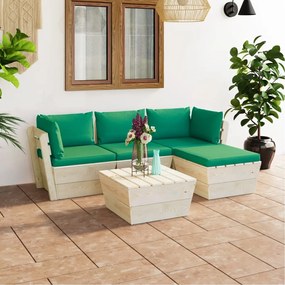 Set mobilier gradina din paleti cu perne, 5 piese, lemn molid Verde, 2x colt + mijloc + masa + suport pentru picioare, 1