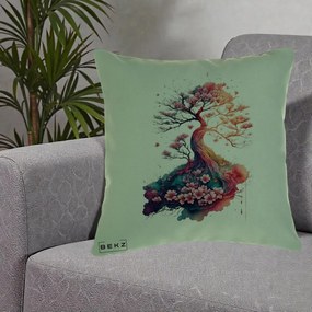 Perna Decorativa Copac Sakura Acuarela Fantasy, 40x40 cm, Verde, Husa Detasabila, Perna Inclusa, BEKZ®