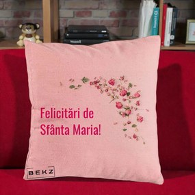 Cadou de Onomastica - Perna Personalizata Felicitari de Sfanta Maria, 40x40 cm, Roz, Husa Detasabila, Perna Inclusa, BEKZ®