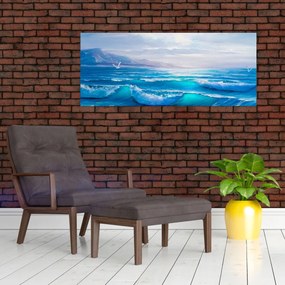 Tablou - Pictură în ulei de mare cu pescăruși (120x50 cm)