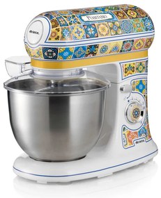 Mixer planetar Ariete Positano 1588/0P, 2400W, 5.5 L, 7 viteze, Pulse, Design retro, Accesorii, Alb/Galben