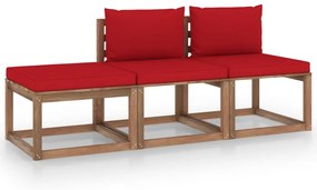 Set mobilier gradina paleti cu perne, 3 piese, lemn pin tratat Rosu, 2x mijloc + suport pentru picioare, 1