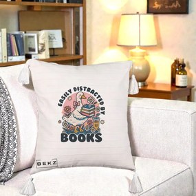 Perna Personalizata Easily Distracted by Books, 40x40 cm, Bej cu Franjuri, Husa Detasabila, Perna Inclusa, BEKZ®