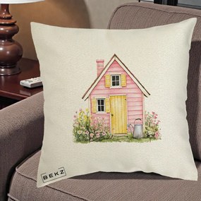 Perna Decorativa Casuta Roz Acuarela cu Gradina, 40x40 cm, Ecru, Husa Detasabila, Perna Inclusa, BEKZ®