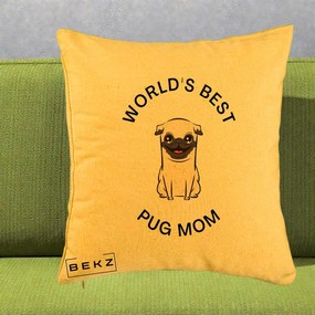 Cadou pentru Iubitorii de Caini - Perna Personalizata World's Best Pug Mom, 40x40 cm, Galben, Husa Detasabila, Perna Inclusa, BEKZ®