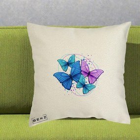 Perna Decorativa Patru Fluturi Turcoaz-Violet, 40x40 cm, Ecru, Husa Detasabila, Perna Inclusa, BEKZ®