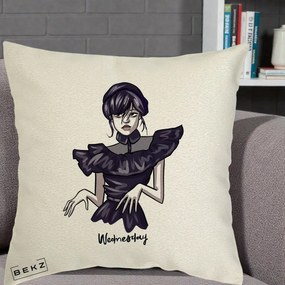 Perna Personalizata Wednesday Addams Dans Gotic, 40x40 cm, Ecru, Husa Detasabila, Perna Inclusa, BEKZ®