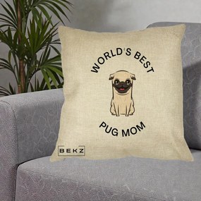 Cadou pentru Iubitorii de Caini - Perna Personalizata World's Best Pug Mom, 40x40 cm, Crem, Husa Detasabila, Perna Inclusa, BEKZ®