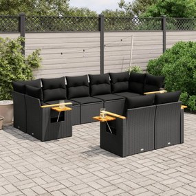 Set mobilier de grădină cu perne, 9 piese, negru, poliratan