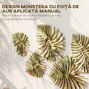 HOMCOM Artă Murală cu 5 Frunze de Monstera și Accesorii pentru Montaj Incluse, Decorațiuni Murale din Metal, 83x2.5x39 cm, culoare Aurie | Aosom Romania