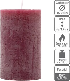 Set de lumânări rustice, 11,5 cm, Ø 6,8 cm, burgundy, 12 buc
