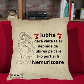 Cadou pentru Iubita - Perna Personalizata Iubita Nemuritoare cu Cuplu Line-Art si Inimi Rosii, 40x40 cm, Crem, Husa Detasabila, Perna Inclusa, BEKZ®