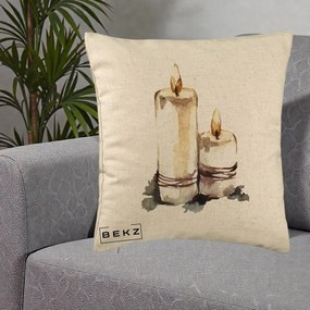 Perna Decorativa Lumanari Acuarela Iarna, 40x40 cm, Bej, Husa Detasabila, Perna Inclusa, BEKZ®
