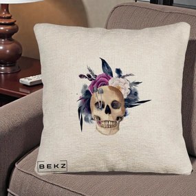 Perna Decorativa Craniu Floral cu Trandafiri si Ciuperci, 40x40 cm, Bej Canapea, Husa Detasabila, Perna Inclusa, BEKZ®