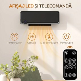 HOMCOM Încălzitor electric de perete cu 3 moduri, Negru | Aosom Romania