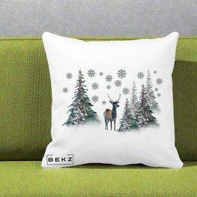 Perna Decorativa Ren in Padure Inzapezita, 40x40 cm, Alba Mata, Husa Detasabila, Perna Inclusa, BEKZ®