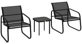 Outsunny Set bistro de grădină 3 piese cu 2 scaune din plasă și masă de cafea din sticlă securizată, negru | Aosom Romania