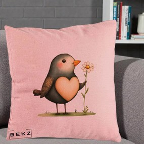 Perna Decorativa Pasare cu Inima si Margareta, 40x40 cm, Roz, Husa Detasabila, Perna Inclusa, BEKZ®