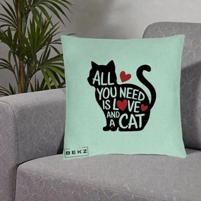 Perna Personalizata All You Need is Love and a Cat, 40x40 cm, Verde Menta, Husa Detasabila, Perna Inclusa, BEKZ®