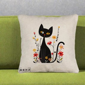 Perna Decorativa Pisica Neagra Ochi Galbeni Flori, 40x40 cm, Bej Canapea, Husa Detasabila, Perna Inclusa, BEKZ®