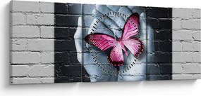 Tablou - Fluture roz în perete (cu ceas) (90x30 cm)