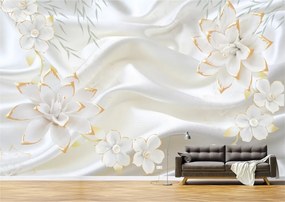 Tapet Premium Canvas - Flori albe cu auriu abstract