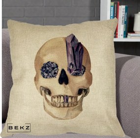 Perna Decorativa Craniu cu Cristale de Ametist, 40x40 cm, Crem, Husa Detasabila, Perna Inclusa, BEKZ®