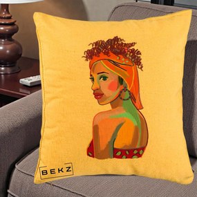 Perna Decorativa Portret Femeie Colorat Pop Art, 40x40 cm, Galben, Husa Detasabila, Perna Inclusa, BEKZ®